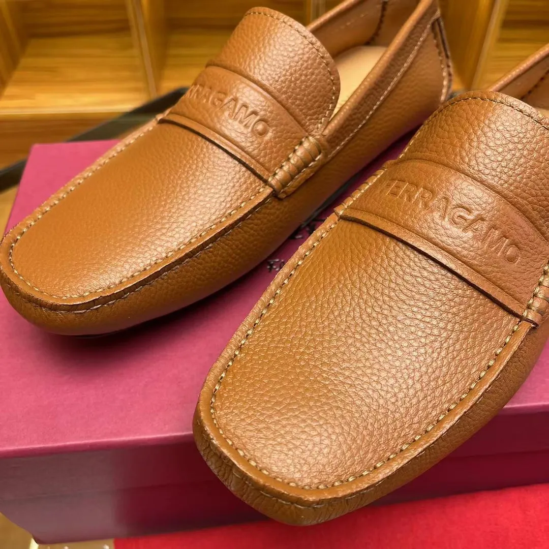 Men's shoes 💰560Ferragamo high-end quality 🔥 light brown pebbled grain ➕ cowhide lining size 38-45